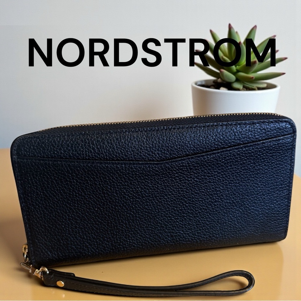 Nordstrom Midnight Black Classic Pebbled Leather Gold Zip Wristlet Wallet